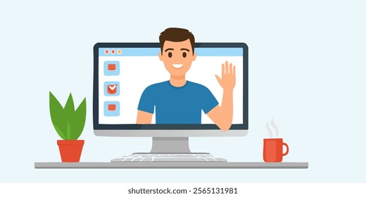 A man is sitting at the computer. A hand comes out of the monitor. Distance learning or online school. Video conference.