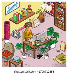 Man sitting at computer in living room, working from home (illustration in isometric view)