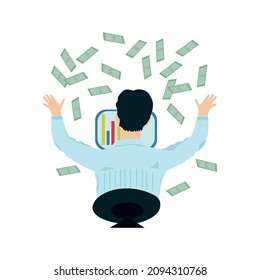 A man is sitting at a computer. Money is falling from above. View from the back. Vector drawing in a flat style on a white background.