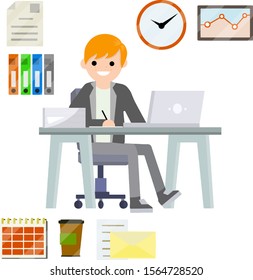 Man sitting at computer in office. Cartoon flat illustration. Work with PC. Set for business work-hours, file documents, letter, coffee, calendar. Smiling happy guy. Company employee and office items