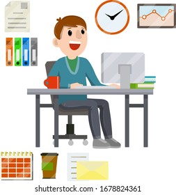 Man sitting at computer in office. Cartoon flat illustration. Set for business work-schedule, hours, file documents, letter, coffee, calendar. Company employee and office items. Work with PC