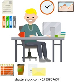 Man sitting at computer in office. Cartoon flat illustration. Set for business work-schedule, hours, file documents, letter, coffee, calendar. Company employee and office items. Work with PC