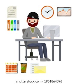 Hombre sentado en el computador en la oficina. Dibujo plano de caricatura. Se establece para el horario de trabajo del negocio, horas, documentos de archivo, carta, café, calendario. Empleado de la empresa y artículos de oficina. Trabajar con PC