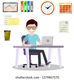 Man sitting at the computer in the office. Set for business work-schedule, hours, file documents, letter, coffee, calendar. Company employee and office items. Cartoon flat illustration