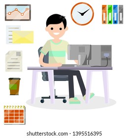 Man sitting at the computer in the office. Set for business work-schedule, hours, file documents, letter, coffee, calendar. Company employee and office items. Cartoon flat illustration