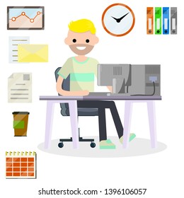 Man sitting at the computer in the office. Set for business work-schedule, hours, file documents, letter, coffee, calendar. Company employee and office items. Cartoon flat illustration