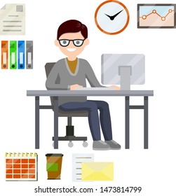 Man sitting at computer in office. Set for business work-schedule, hours, file documents, letter, coffee, calendar. Company employee and office items. Cartoon flat illustration. Work with PC