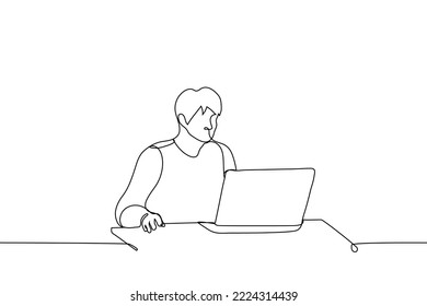 man sitting at the computer - one line drawing vector. concept freelancer or gamer