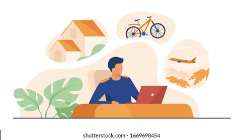 Man sitting at computer and planning his vacation. Office worker thinking about country house, travel by bike or plane. Vector illustration for dream, thought, lifestyle, wealth concept