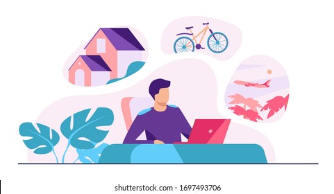 Man Sitting At Computer And Planning His Vacation. Office Worker Thinking About Country House, Travel By Bike Or Plane. Vector Illustration For Dream, Thought, Lifestyle, Wealth Concept