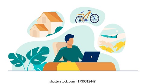 Man sitting at computer and planning his vacation. Office worker thinking about country house, travel by bike or plane. Vector illustration for dream, thought, lifestyle, wealth concept
