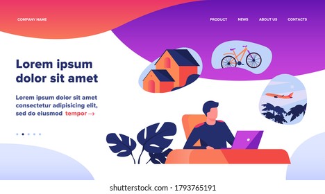 Man sitting at computer and planning his vacation. Office worker thinking about country house, travel by bike or plane. Vector illustration for dream, thought, lifestyle, wealth concept