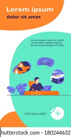Man sitting at computer and planning his vacation. Office worker thinking about country house, travel by bike or plane. Vector illustration for dream, thought, lifestyle, wealth concept