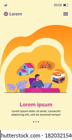 Man sitting at computer and planning his vacation. Office worker thinking about country house, travel by bike or plane. Vector illustration for dream, thought, lifestyle, wealth concept