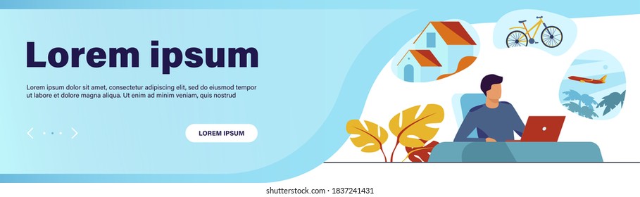 Man sitting at computer and planning his vacation. Office worker thinking about country house, travel by bike or plane. Vector illustration for dream, thought, lifestyle, wealth concept