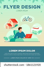Hombre sentado en la computadora y planeando sus vacaciones. Trabajador de oficina pensando en casa de campo, viajar en bicicleta o en avión. Ilustración vectorial para el sueño, pensamiento, estilo de vida, concepto de riqueza