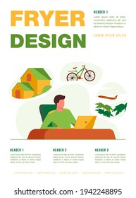 Man sitting at computer and planning his vacation. Office worker thinking about country house, travel by bike or plane. Vector illustration for dream, thought, lifestyle, wealth concept