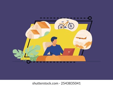 Man sitting at computer and planning his vacation. Office worker thinking about country house, travel by bike or plane. Vector illustration for dream, thought, lifestyle, wealth concept