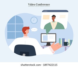 Man sitting at computer to video conference with client or team members. Flat illustration, concept of online meeting, data research and webinar.