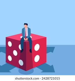 Man sitting confused looking for direction on dice, metaphor for uncertainty. Simple flat conceptual illustration.
