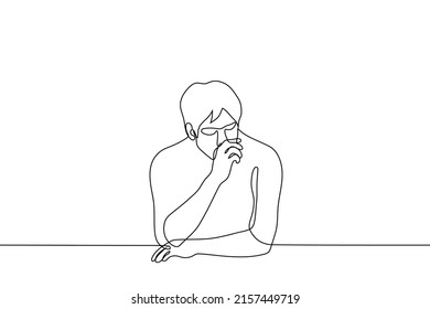 man sitting covering his nose and mouth - one line drawing vector. concept hide yawning, coughing, plugging nose from bad smell