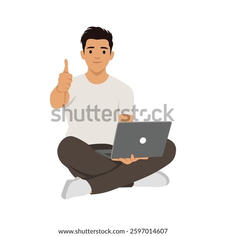 Man sitting cross legged with laptop on his lap gives thumbs up, success,approval, and productivity. Flat vector illustration isolated on white background