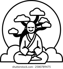 A man is sitting cross legged and smiling in a lotus position. The background features a tree and clouds. Concept of peace and tranquility