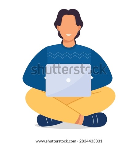 Man sitting cross legged using laptop vector illustration for work from home, freelancing, remote study, online education, developer, programmer, and internet browsing concept.