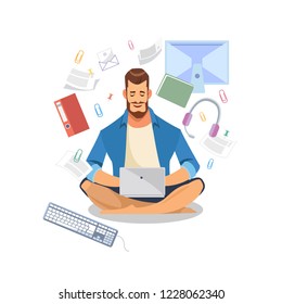 Man Sitting with Crossed Legs, Using Laptop, Office Supplies Flying Around Isolated Cartoon Vector. Student Online Education, Distance Learning. Freelancer Working Online. Multitasking in Work Concept