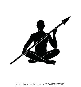 Man sitting crosslegged holding a large spear or javelin weapon strong and ready