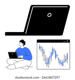 Homem sentado de pernas cruzadas com laptop, analisando dados do mercado de ações grande laptop e gráfico de castiçal. Ideal para finanças, análise de dados, negociação, educação, apresentações, investimento, produtividade