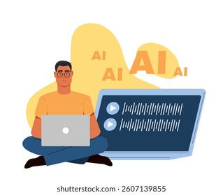 Man sitting cross-legged with laptop, coding or working on artificial intelligence, flat graphic style, abstract yellow shape background. Concept of AI work. Vector illustration
