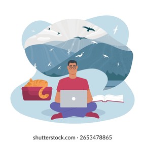 Man sitting cross-legged with laptop, dreaming of mountains and flying birds, cat sleeping beside him, open book nearby, on light background. Vector illustration