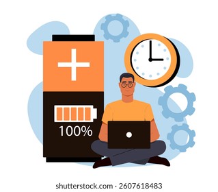 Man sitting cross-legged with laptop, fully charged battery icon, clock and gears in background, symbolizing energy, focus and productivity. Vector illustration