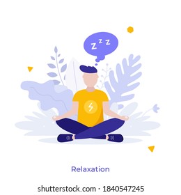 Man sitting cross-legged in lotus posture and meditating. Concept of relaxation, mindfulness meditation, mind focusing practice, rest and recharge. Modern flat vector illustration for poster, banner.