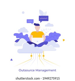 Man sitting cross-legged on cloud and working on laptop computer. Concept of professional outsourcing, outsourced management function or operation. Modern flat colorful vector illustration for banner.