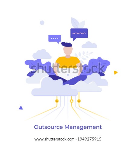 Man sitting cross-legged on cloud and working on laptop computer. Concept of professional outsourcing, outsourced management function or operation. Modern flat colorful vector illustration for banner.