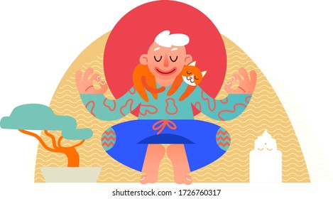 A man sitting cross-legged on the floor and meditating. A young man in a yoga pose does meditation, practice mindfulness, spiritual discipline at home. Vector flat cartoon illustration.