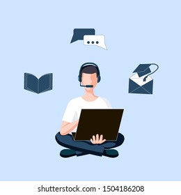 Man sitting cross-legged with open notebook and headphones, online learning, home schooling, distance education, freelance job. Vector illustration