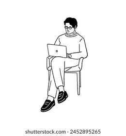 Man Sitting cross-legged work on Laptop People lifestyle Hand drawn line art illustration