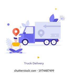 Man sitting cross-legged, working on laptop computer, location mark and van. Concept of truck delivery, automobile transportation, express shipping and logistics. Modern flat vector illustration.