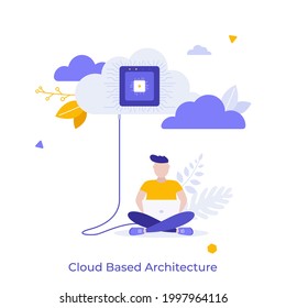 Man Sitting Cross-legged And Working On Laptop Computer Connected To Microchip. Concept Of Cloud Based Architecture For Data Storage And Computing. Modern Flat Vector Illustration For Poster, Banner.