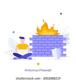 Hombre sentado de piernas cruzadas y trabajando en un ordenador portátil y quemando una pared de ladrillo. Concepto de software antivirus, tecnología de cortafuegos, protección de datos en línea. Ilustración vectorial plana moderna para afiches.