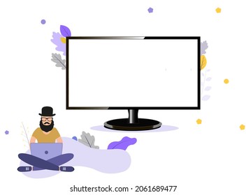 Hombre sentado entre piernas y trabajando en laptop, pantalla de computadora, cero y un símbolo.eps10
