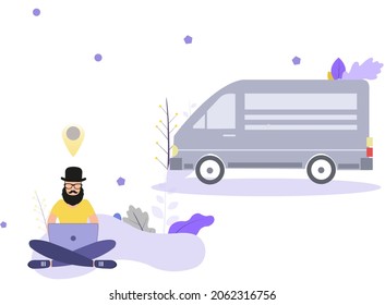 Man sitting cross-legged, working on laptop computer, location mark and van