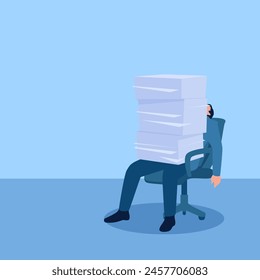 Man sitting crushed by a pile of work papers on a chair, illustration under pressure.