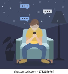 Man sitting in the dark texting and reading in his smartphone. Vectorial illustration. Cartoon style.
