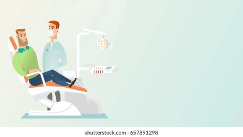 Man is sitting in a dental chair while a dentist is standing nearby. Doctor and patient in the dental clinic. Patient at a reception at a dentist. Vector flat design illustration. Horizontal layout.