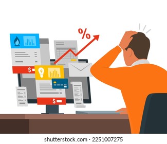 Man sitting at desk and checking expensive utility bills online on his computer, payments and budget concept