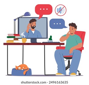 Hombre sentado en un escritorio y comunicándose con otro personaje masculino en una pantalla de computadora usando lenguaje de señas para la comunicación no verbal en un entorno hogareño. Ilustración vectorial de Personas de dibujos animados